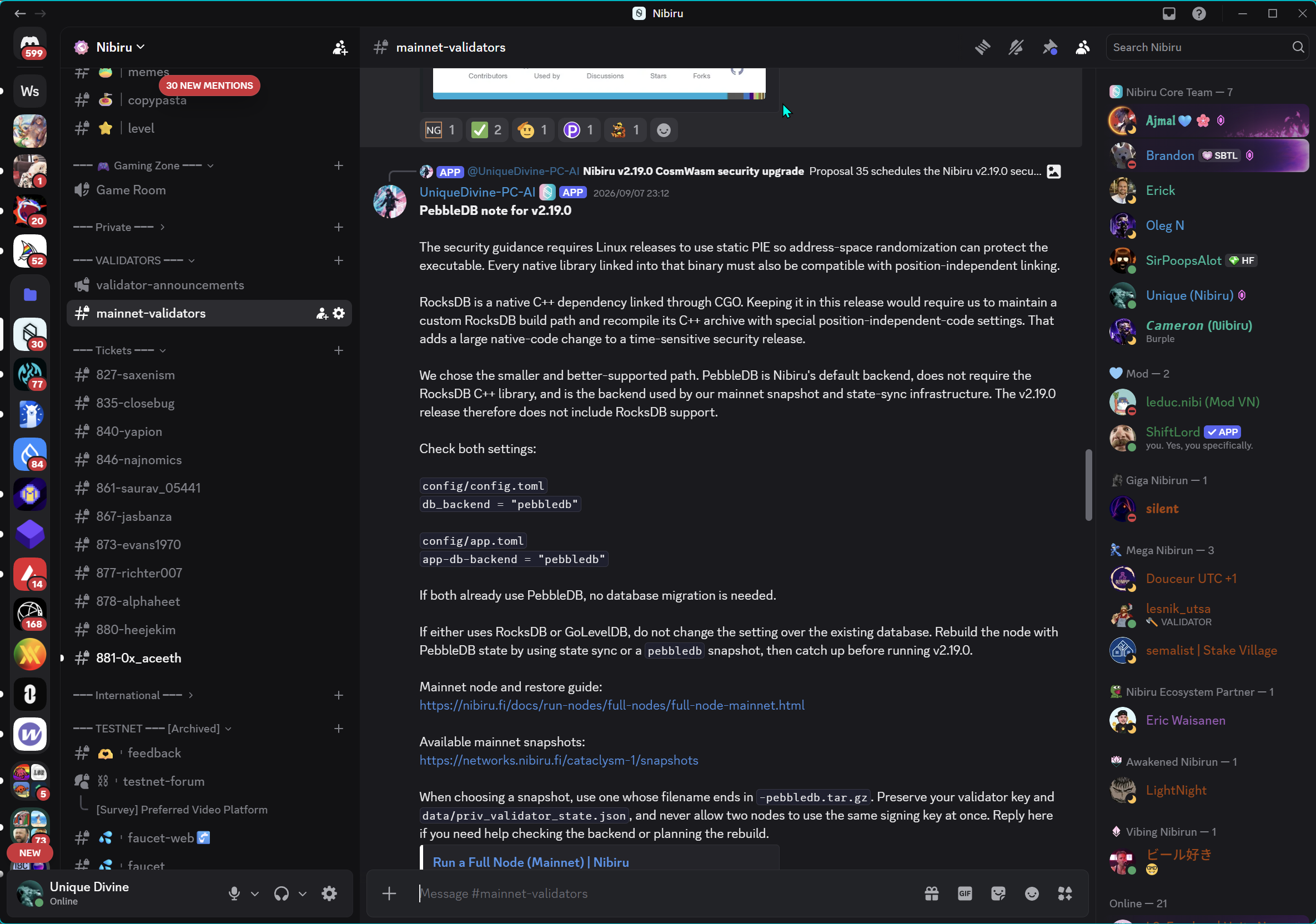 The bot's PebbleDB upgrade instructions in Nibiru's mainnet-validators channel